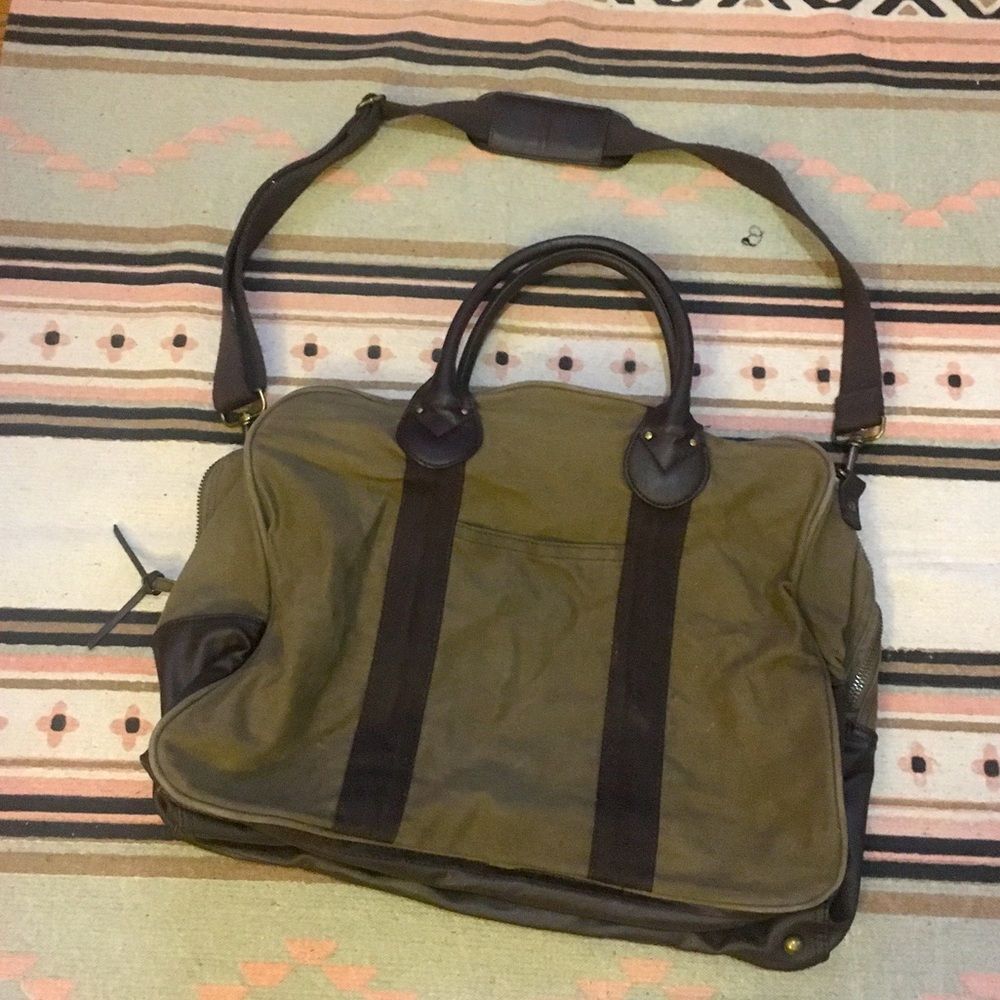 J. Crew Authentic Large Green Brown Crossbody bag Hand handle Travel cotton GUC